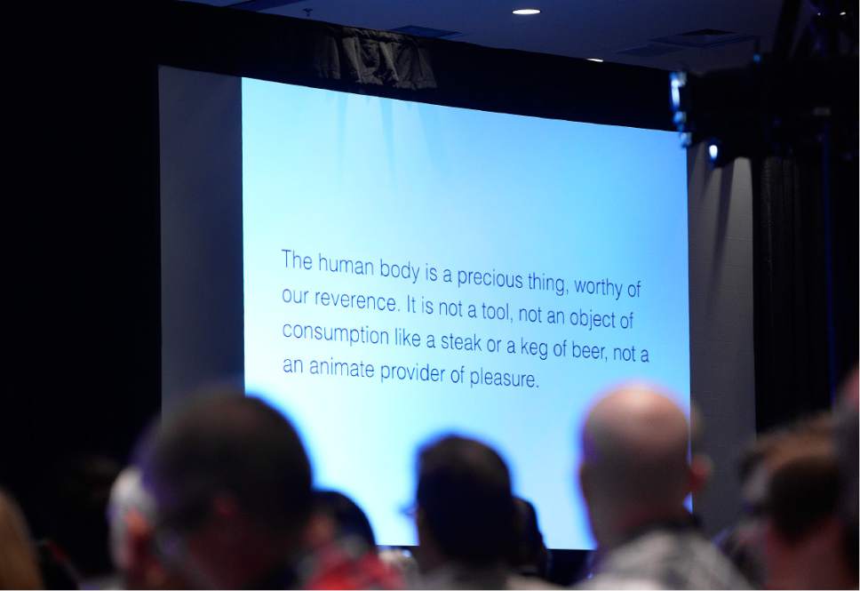 Scott Sommerdorf | The Salt Lake Tribune
One of Matt Fradd's slides shown as he gave the keynote address at UCAP - Utah Coalition Against Pornography -  conference at the Salt Palace, Saturday, March 11, 2017. Fradd, wrote the book, "The Essential Reason Porn is Wrong."