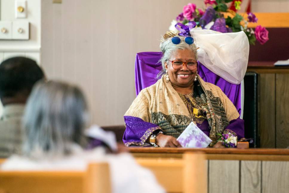 Chris Detrick  |  The Salt Lake Tribune
The Rev. Nurjhan Govan smiles as she listens during a pastor appreciation service at Trinity African Methodist Episcopal Church on Sunday. April 17, 2016. The Rev. Nurjhan Govan has ministered tirelessly for more than a dozen years to members of the Trinity African Methodist Episcopal (AME) Church -- longer than any other pastor at the Salt Lake City landmark.