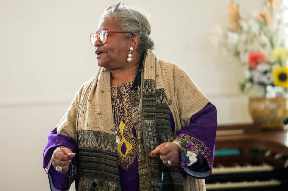 Chris Detrick  |  The Salt Lake Tribune
The Rev. Nurjhan Govan sings during a pastor appreciation service at Trinity African Methodist Episcopal Church on Sunday, April 17, 2016. The Rev. Nurjhan Govan has ministered tirelessly for more than a dozen years to members of the Trinity African Methodist Episcopal (AME) Church -- longer than any other pastor at the Salt Lake City landmark.