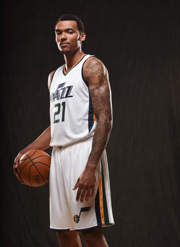 Francisco Kjolseth | The Salt Lake Tribune
Joel Bolomboy joins teammates as the Utah Jazz opens training camp with media day for players at the team's training facility in Salt Lake on Monday, Sept. 26, 2016.