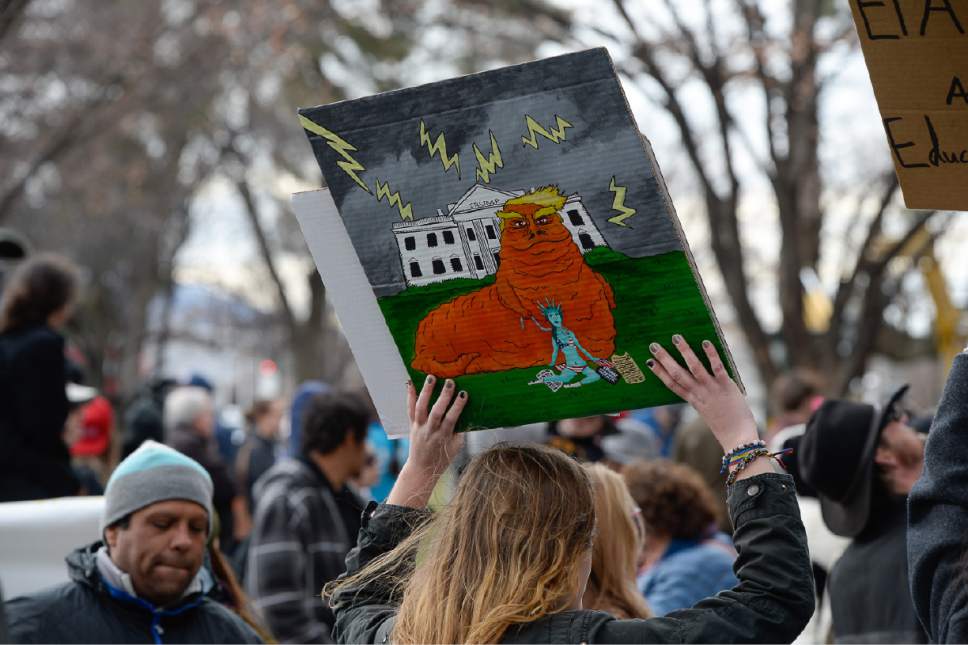 Francisco Kjolseth | The Salt Lake Tribune
Protesters gather at Washington Square on President's Day in Salt Lake City, Monday, Feb. 20, 2017, to protest President Donald Trump.