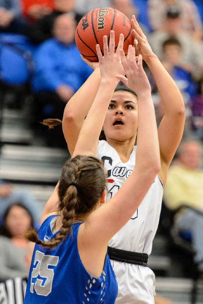 Trent Nelson  |  The Salt Lake Tribune
American Fork's Taylor Moeaki (13) shoots as Fremont faces American Fork in the 5A high school girls basketball state championships at Salt Lake Community College in Taylorsville, Wednesday February 22, 2017.
