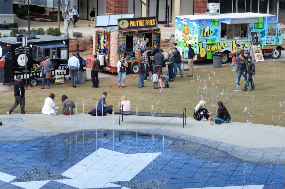 Scott Sommerdorf | The Salt Lake Tribune
Food trucks at The Gateway on Wednesday, March 8, 2017, during "Food Trucks at the Fountain."