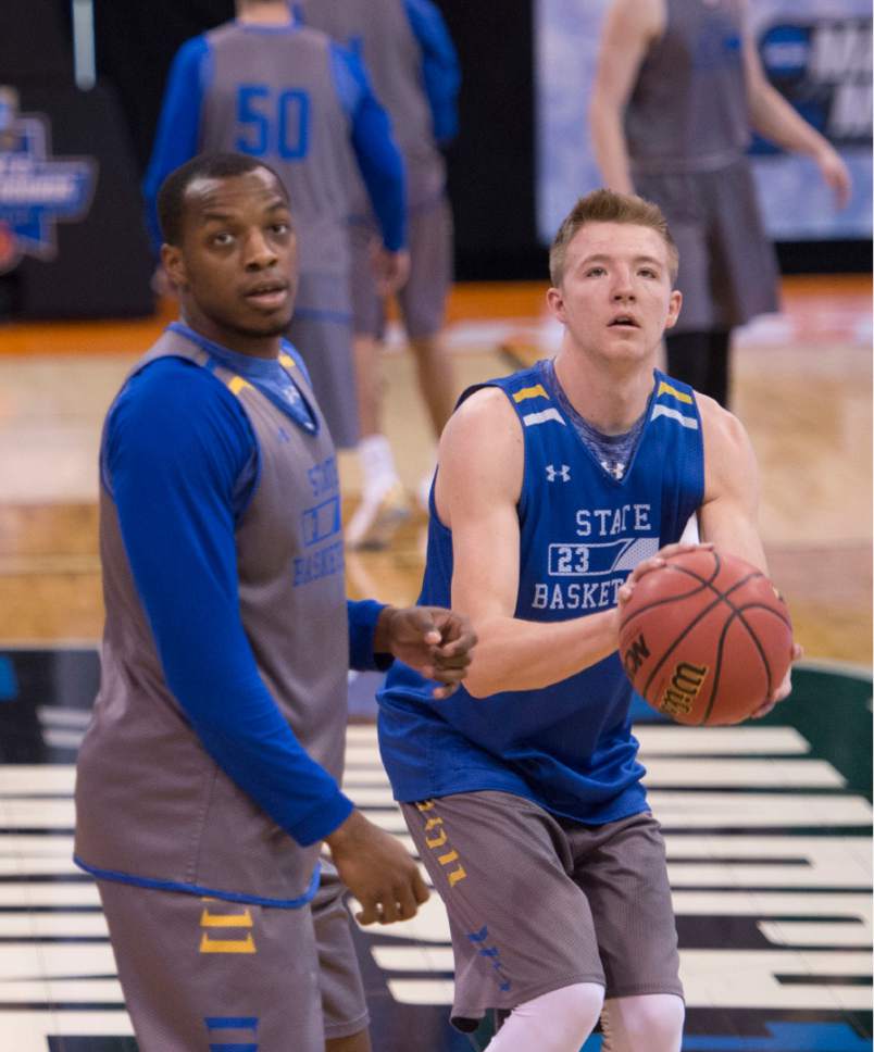 Trent Nelson  |  The Salt Lake Tribune

St. Mary's Gaels guard Emmett Naar (3) and South Dakota State Jackrabbits guard Reed Tellinghuisen (23) warm up during South Dakota State's practice at the NCAA Tournament in Salt Lake City on Wednesday, March 15, 2017.