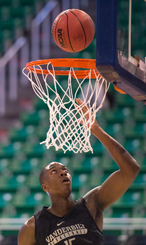 Trent Nelson |  The Salt Lake Tribune

Vanderbilt Commodores forward Clevon Brown (15) does a lay up during the team's practice at NCAA Tournament in Salt Lake City on Wednesday, March 15, 2017.