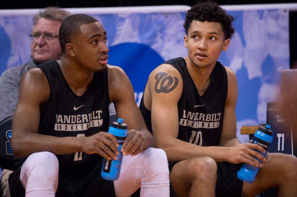 Trent Nelson |  The Salt Lake Tribune

Vanderbilt Commodores guard Joe Toye (2) and Virginia Commonwealth Rams guard Jonathan Williams (10) during the team's practice at NCAA Tournament in Salt Lake City on Wednesday, March 15, 2017.