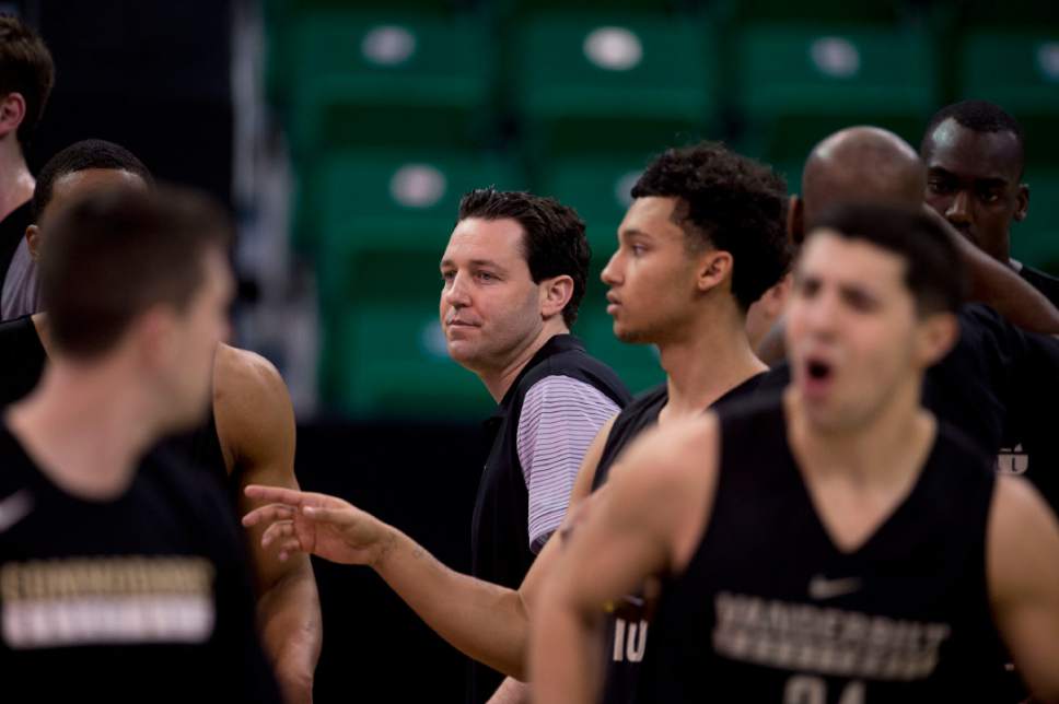 Trent Nelson |  The Salt Lake Tribune

Coach Bryce Drew watches his team run drills during the team's practice at NCAA Tournament in Salt Lake City on Wednesday, March 15, 2017.