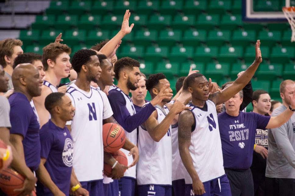 Trent Nelson |  The Salt Lake Tribune

The Northwestern Wildcats wave to fans during the team's practice at the NCAA Tournament in Salt Lake City on Wednesday, March 15, 2017.