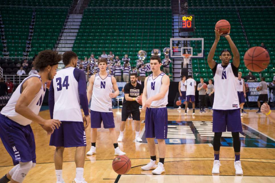 Trent Nelson |  The Salt Lake Tribune

Northwestern Wildcats practice at the NCAA Tournament in Salt Lake City on Wednesday, March 15, 2017.