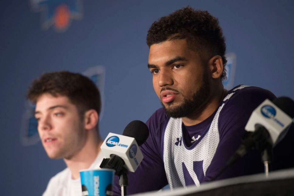 Chris Detrick |  The Salt Lake Tribune

Northwestern Wildcats guard Sanjay Lumpkin (34) and Northwestern Wildcats guard Bryant McIntosh (30) answer questions during the team's press conference at the NCAA Tournament in Salt Lake City on Wednesday, March 15, 2017.