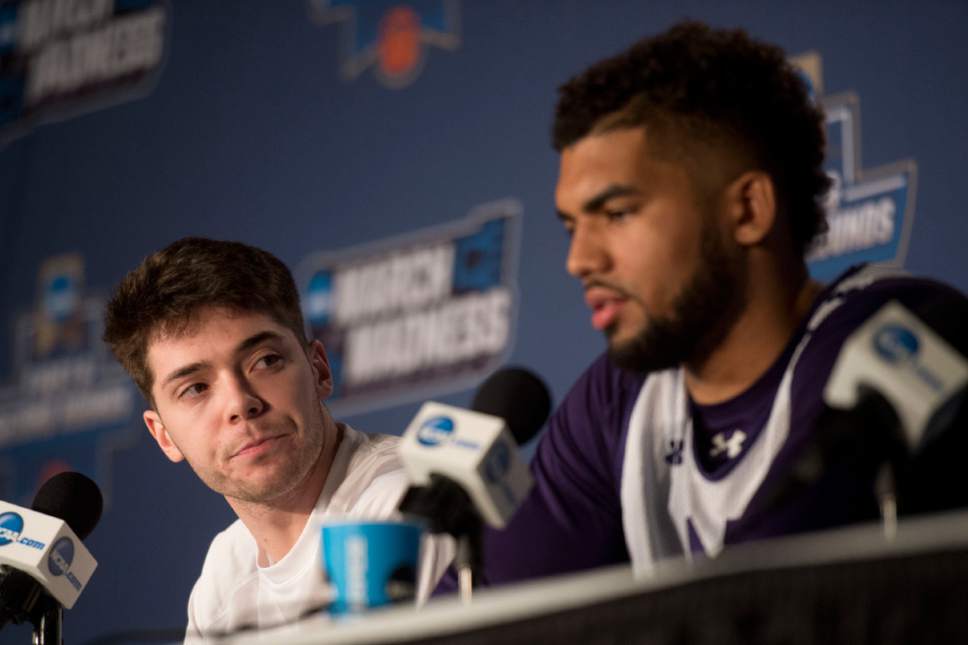 Chris Detrick |  The Salt Lake Tribune

Northwestern Wildcats guard Sanjay Lumpkin (34) and Northwestern Wildcats guard Bryant McIntosh (30) answer questions during the team's press conference at the NCAA Tournament in Salt Lake City on Wednesday, March 15, 2017.