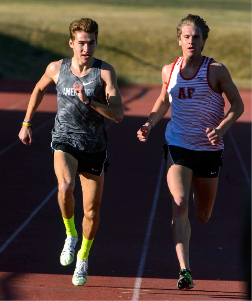 Steve Griffin  |  The Salt Lake Tribune


American Fork High School's Casey Clinger, left, is runs an 800 meter race during a team track meet at the high school in American Fork Wednesday March 8, 2017.