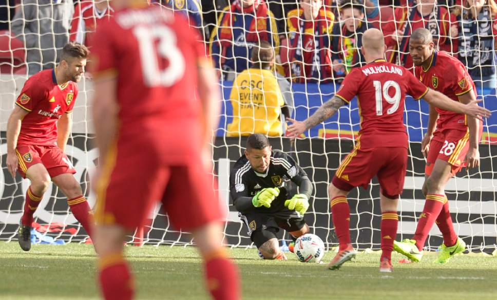 Leah Hogsten  |  The Salt Lake Tribune
Real Salt Lake goalkeeper Nick Rimando (18) makes a save in the second half. Real Salt Lake tied the 2017 season home opener with Toronto FC, 0-0, Saturday, March 4, 2017 at Rio Tinto Stadium.