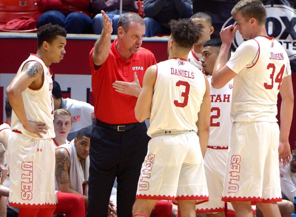 Leah Hogsten  |  The Salt Lake Tribune
Utah Utes head coach Larry Krystkowiak talks with his team during the first half. The Utes played their 6th straight game with at least 13 turnovers. University of Utah's men's basketball team leads University of Washington, 44-28 at halftime, February 11, 2017 at Utah's Jon M. Huntsman Center.