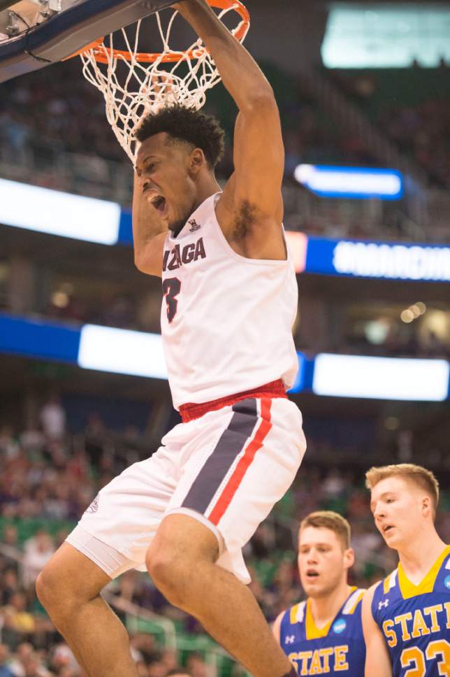 Trent Nelson  |  The Salt Lake Tribune

Gonzaga Bulldogs forward Johnathan Williams (3) dunks during first round of the NCAA Tournament in Salt Lake City on Thursday, March 16, 2017.