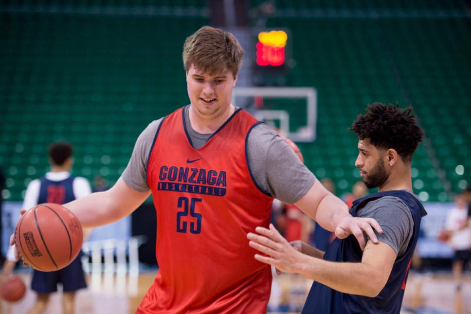 Trent Nelson |  The Salt Lake Tribune

Gonzaga Bulldogs center Ryan Edwards (25) practices with teammate Gonzaga Bulldogs guard Josh Perkins (13) during NCAA Tournament in Salt Lake City on Wednesday, March 15, 2017.