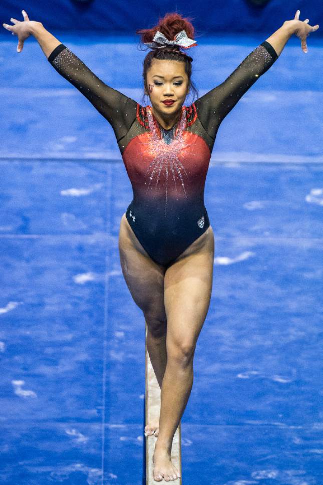 Chris Detrick  |  The Salt Lake Tribune
Utah's Kari Lee competes on the beam during the gymnastics meet against Brigham Young University at the Marriott Center Friday January 13, 2017.