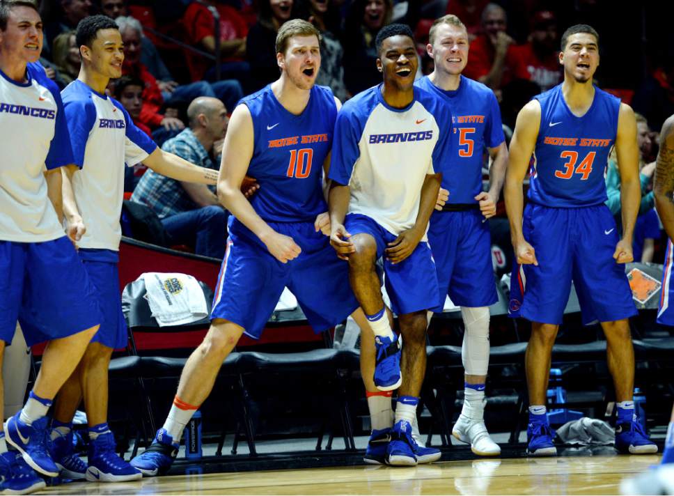 Steve Griffin  |  The Salt Lake Tribune


The Bronco bench gets fired up as Boise State pulls away from Utah in the final minutes during the first round of the NIT at the Huntsman Center on the University of Utah campus in Salt Lake City Tuesday March 14, 2017.
