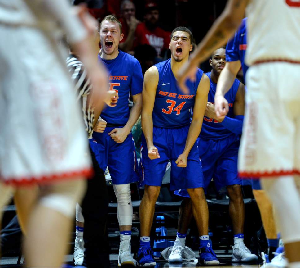 Steve Griffin  |  The Salt Lake Tribune


The Bronco bench gets fired up as Boise State pulls away from Utah in the final minutes during the first round of the NIT at the Huntsman Center on the University of Utah campus in Salt Lake City Tuesday March 14, 2017.