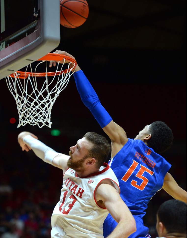 Steve Griffin  |  The Salt Lake Tribune


Boise State Broncos guard Chandler Hutchison (15) tries to dunk over Utah Utes forward David Collette (13) during the first round of the NIT at the Huntsman Center on the University of Utah campus in Salt Lake City Tuesday March 14, 2017.