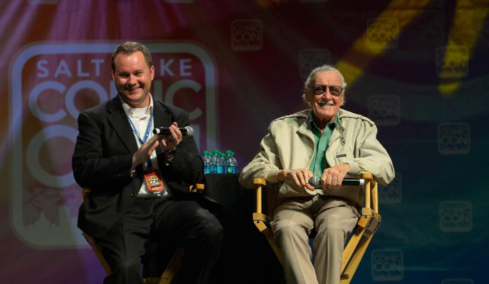 Leah Hogsten  |  The Salt Lake Tribune
Stan Lee, the legendary former head of Marvel Comics, talks about his characters and a life in comics at Salt Lake Comic Con, Sept. 6, 2014 at the Salt Palace Convention Center. At left is moderator Tysen Webb of KSL. Lee will return to Salt Lake City in March for Salt Lake Comic Conís FanX.