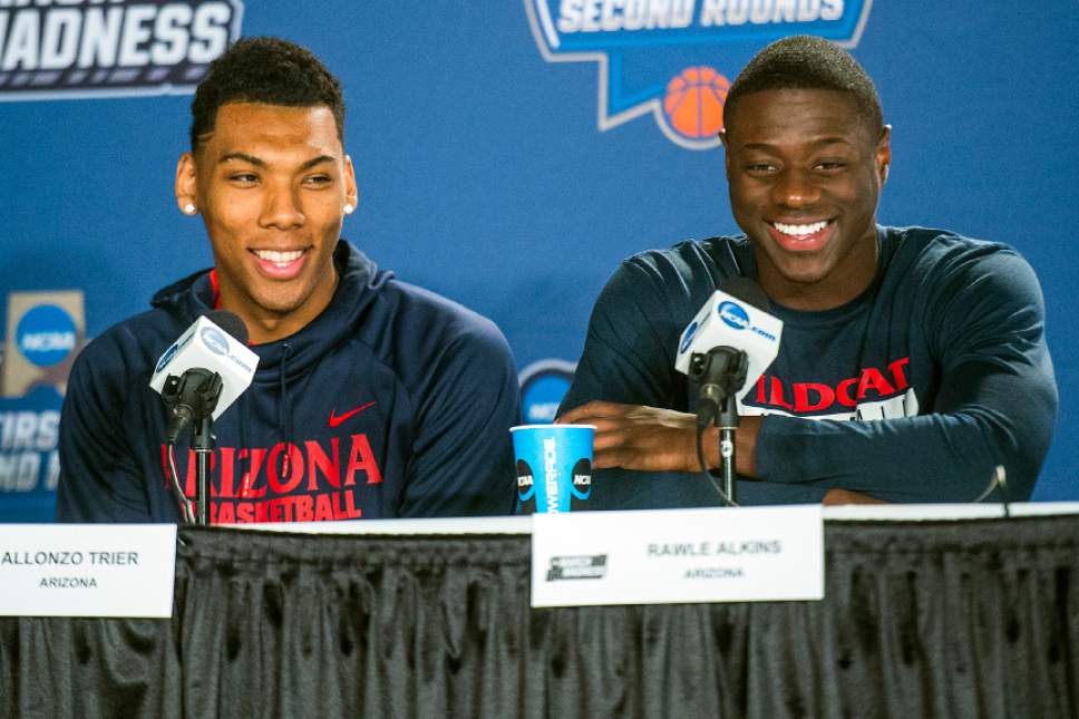 Chris Detrick  |  The Salt Lake Tribune
Arizona Wildcats guard Allonzo Trier (35) and Arizona Wildcats guard Rawle Alkins (1) speak during a press conference at Vivint Smart Home Arena Friday March 17, 2017.