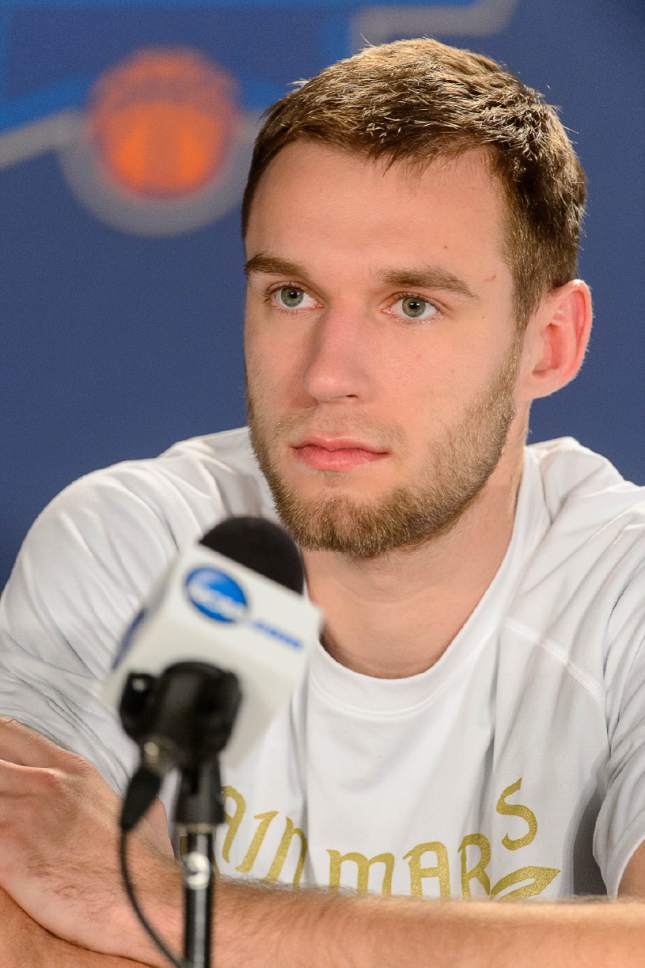 Trent Nelson  |  The Salt Lake Tribune
St. Mary's Gaels forward Calvin Hermanson (24) takes questions during the team's press conference at the NCAA Tournament at Vivint Smart Home Arena in Salt Lake City, Friday March 17, 2017.