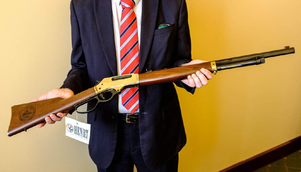 Trent Nelson  |  The Salt Lake Tribune
The Henry lever-action .45-.70 rifle is this year's commemorative legislative firearm.