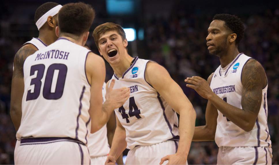 Chris Detrick  |  The Salt Lake Tribune

Northwestern Wildcats forward Gavin Skelly (44) celebrates with his teammates during the first round of the NCAA Tournament in Salt Lake City on Thursday, March 16, 2017.