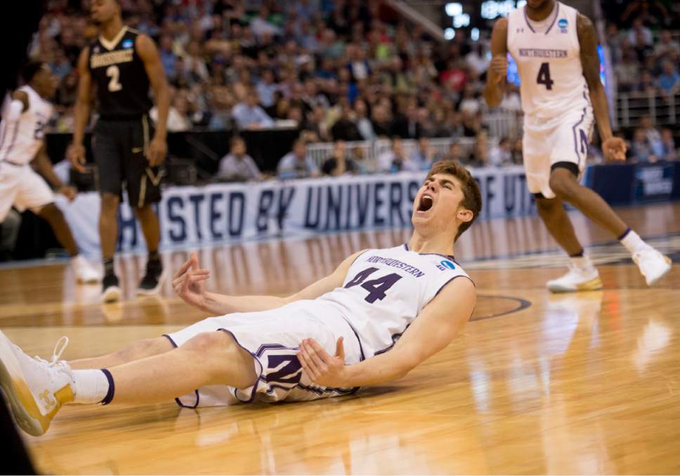 Chris Detrick  |  The Salt Lake Tribune

Northwestern Wildcats forward Gavin Skelly (44) celebrates a basket during first round of the NCAA Tournament in Salt Lake City on Thursday, March 16, 2017.