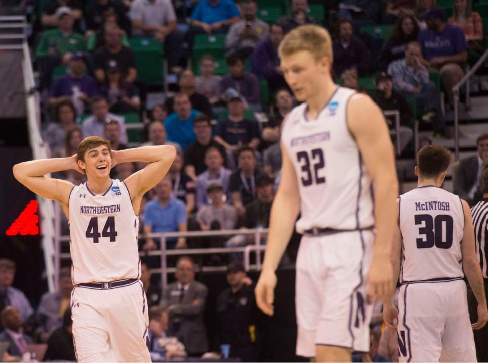 Chris Detrick  |  The Salt Lake Tribune

Northwestern Wildcats forward Gavin Skelly (44) reacts during first round of the NCAA Tournament in Salt Lake City on Thursday, March 16, 2017.