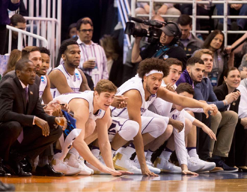 Trent Nelson  |  The Salt Lake Tribune

The Northwestern Wildcats' bench reacts during first round of the NCAA Tournament in Salt Lake City on Thursday, March 16, 2017.