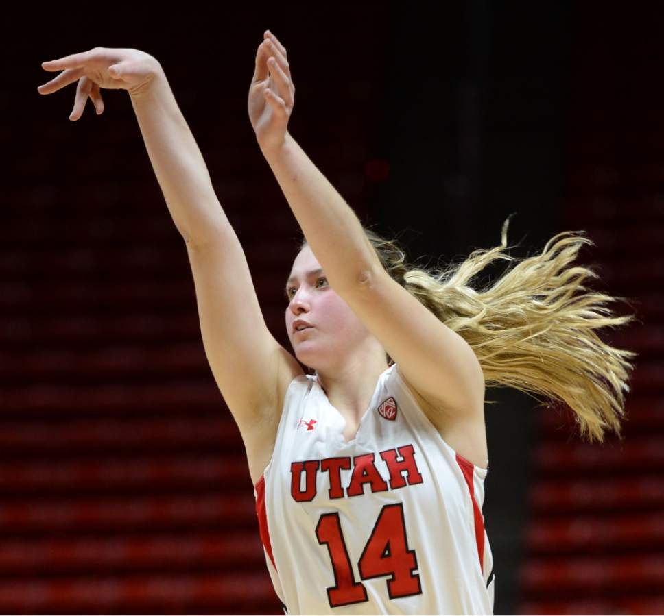 Steve Griffin  |  The Salt Lake Tribune

Utah Utes guard Paige Crozon (14) follows through on a three-point attempt during the Utah versus Idaho State women's basketball game at the Huntsman Center on the University of Utah campus in Salt Lake City, Wednesday, December 10, 2014.