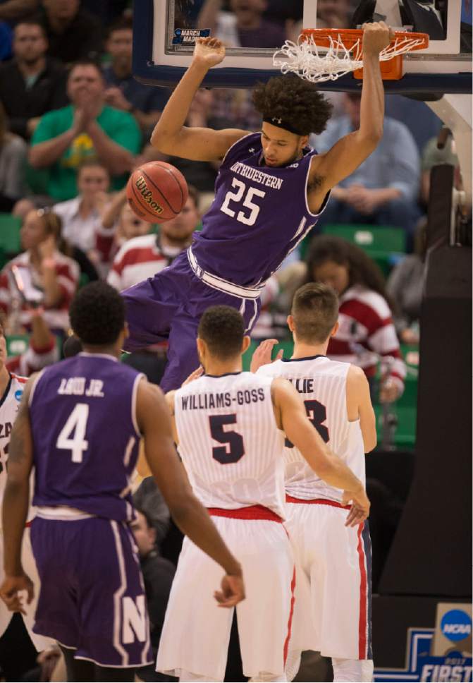 Trent Nelson  |  The Salt Lake Tribune

Northwestern Wildcats center Barret Benson (25) dunks on Gonzaga as the teams face off in the NCAA tournament in Salt Lake City on Saturday, March 18, 2017.