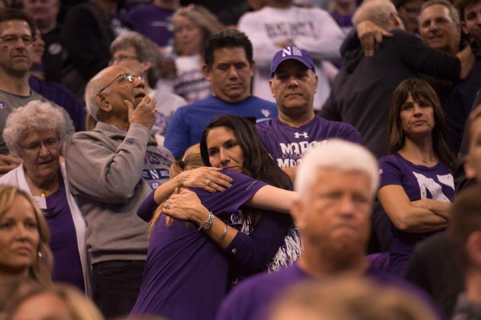 Chris Detrick  |  The Salt Lake Tribune

Northwestern fans react after losing to Gonzaga in the NCAA tournament in Salt Lake City on Saturday, March 18, 2017.