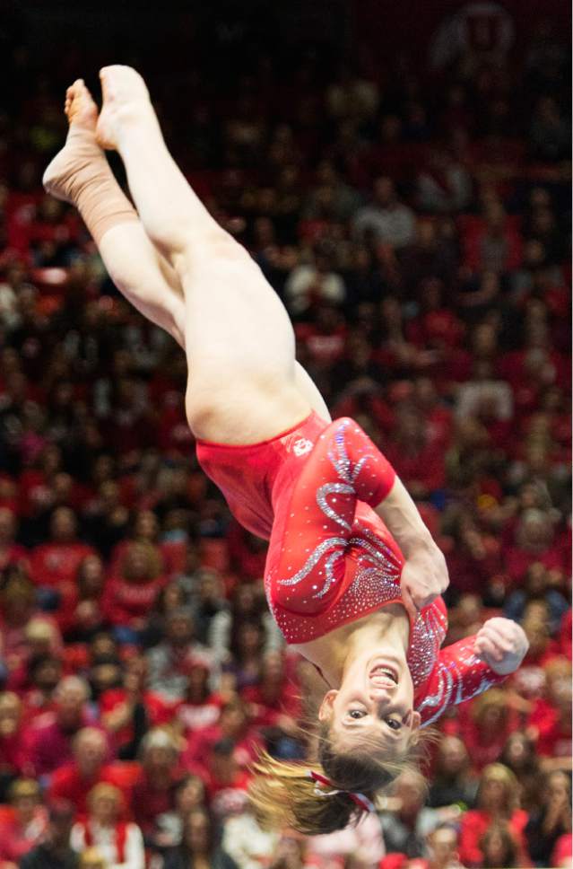 Rick Egan  |  The Salt Lake Tribune

Barely Rowe performs on the floor for the Utes, in gymnastics action, Utah vs UCLA, at the Huntsman Center, Saturday, February 18, 2017.