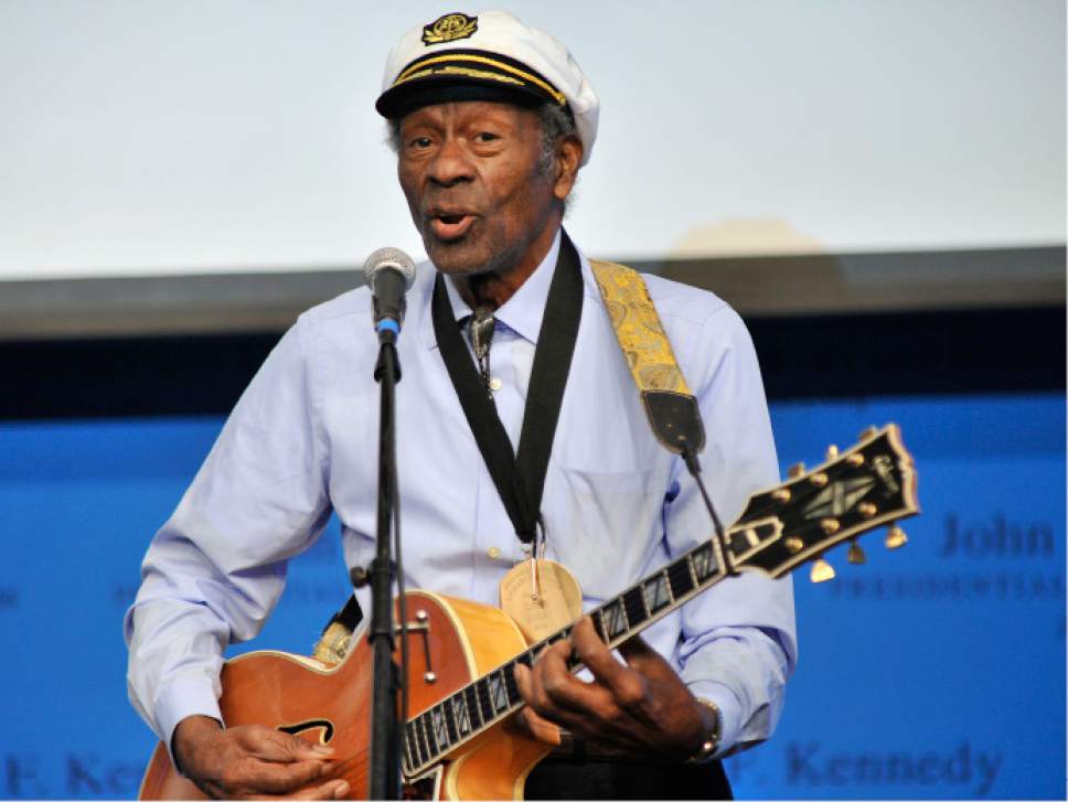 FILE - In this Feb. 26, 2012 file photo, rock 'n' roll legend Chuck Berry performs "Johnny B. Goode" at the John F. Kennedy Presidential Library and Museum in Boston. Berry is set to release his first new studio album in more than 35 years. The album, titled "Chuck," will be available in 2017. (AP Photo/Josh Reynolds, File)