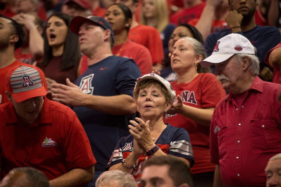 Chris Detrick  |  The Salt Lake Tribune

Arizona fans react after their beat St. Mary's in the NCAA tournament in Salt Lake City on Saturday, March 18, 2017.