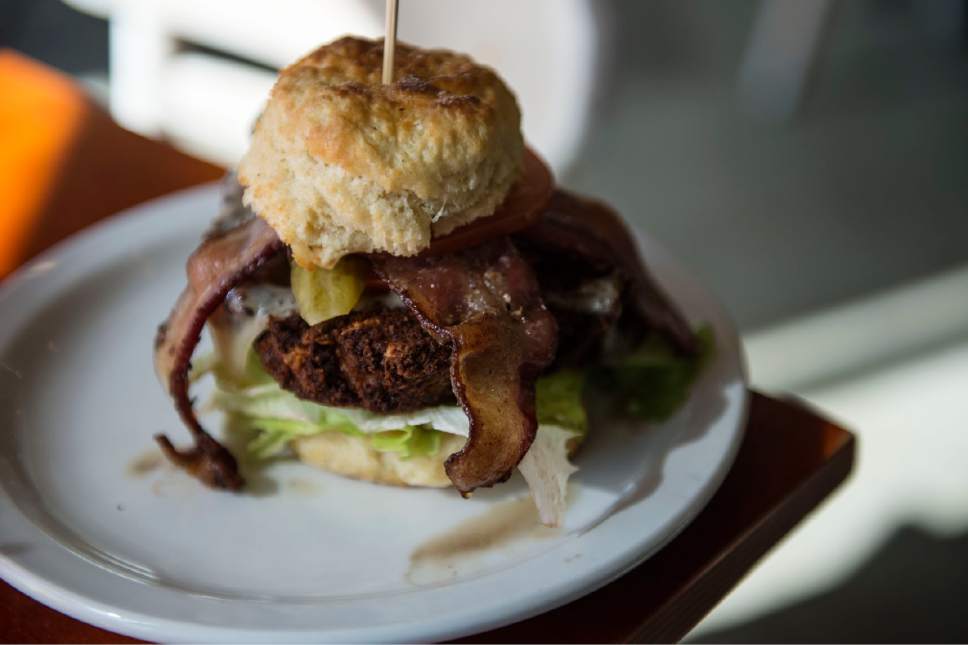 Lennie Mahler  |  The Salt Lake Tribune

The Titanic Sandwich at Sweet Lake Biscuits & Limeade, a new breakfast and lunch spot at 54 West 1700 South in Salt Lake City.