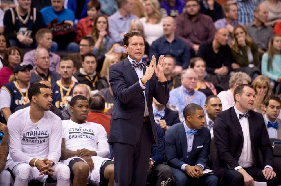 Lennie Mahler  |  The Salt Lake Tribune

Utah Jazz head coach Quin Snyder motions to players in a game against the Memphis Grizzlies on Saturday, Jan. 28, 2017, at Vivint Smart Home Arena in Salt Lake City.