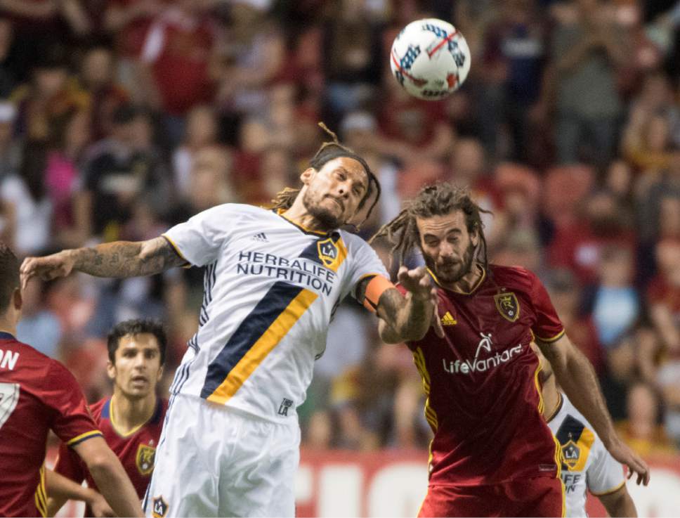 Rick Egan  |  The Salt Lake Tribune

 Los Angeles Galaxy defender Bradley Diallo (18) goes for the ball along with Real Salt Lake midfielder Kyle Beckerman (5) in MLS action Real Salt Lake vs. Los Angeles Galaxy at Rio Tinto Stadium, Saturday, March 18, 2017.