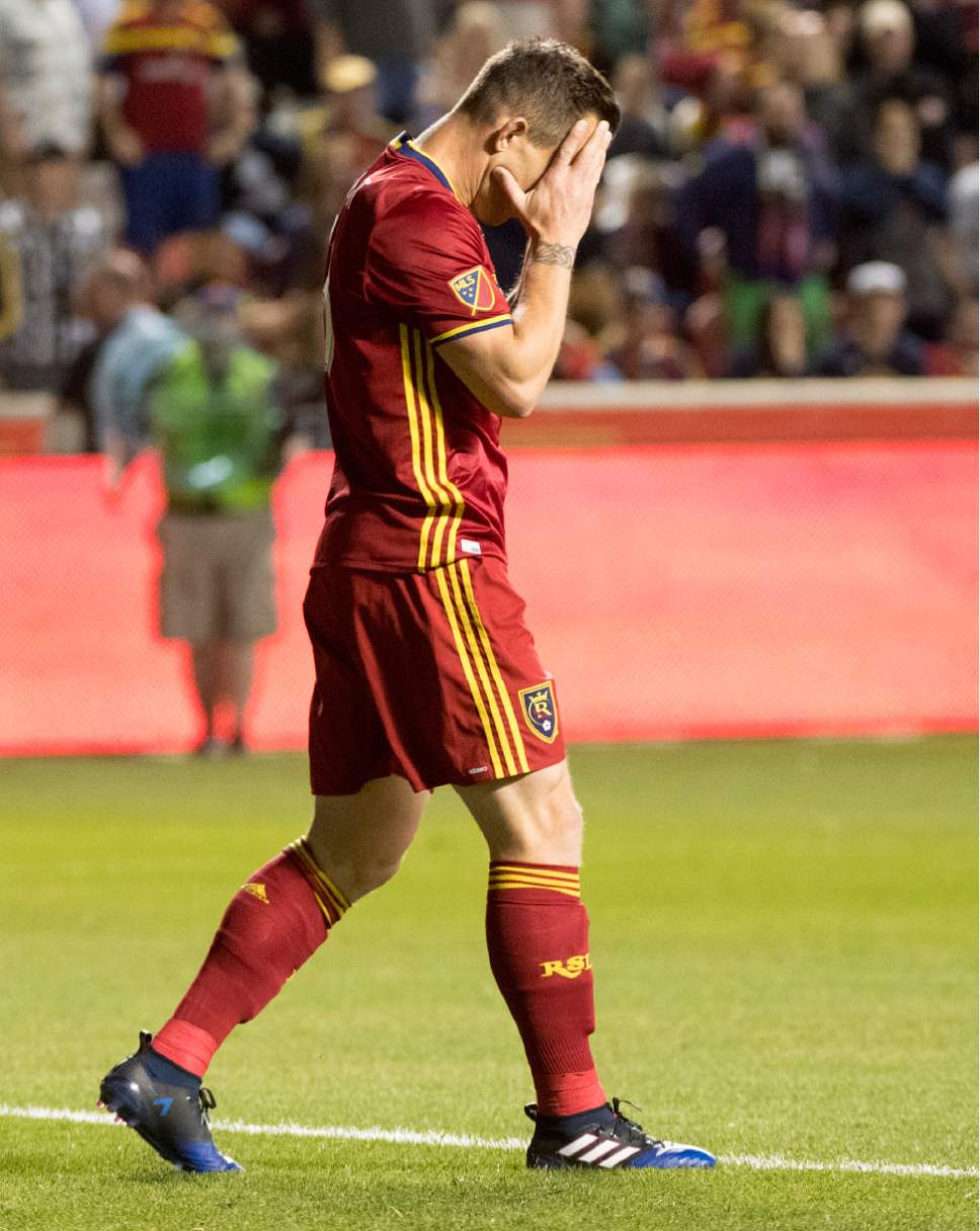 Rick Egan  |  The Salt Lake Tribune

Forward Chad Barrett (13) reacts after narrowing missing a goal for Real Salt Lake, in MLS action Real Salt Lake vs. Los Angeles Galaxy at Rio Tinto Stadium, Saturday, March 18, 2017.