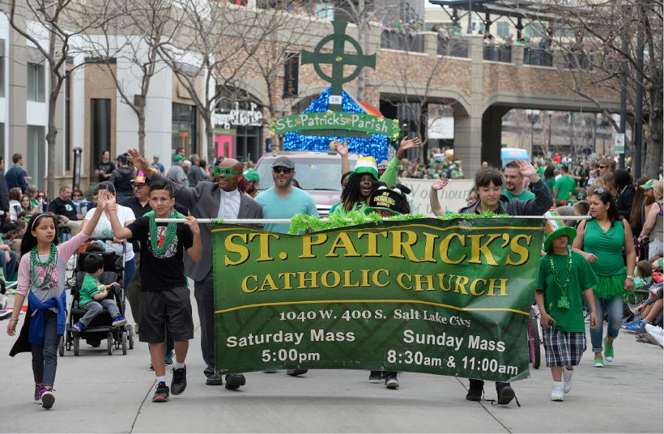 Scott Sommerdorf | The Salt Lake Tribune
The 39th annual St. Patrick's Parade makes it's way through the Gateway shopping center, Saturday, March 18, 2017.
