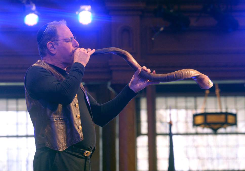 Al Hartmann  |  The Salt Lake Tribune
Larry Green of the Utah Jewish Community plays a shofar for a Jewish Call to Prayer during a Sacred Music Evening at the Tabernacle Sunday March 19.  It  included musical performances, dances, scripture readings, and prayers from many Utah faith traditions.
Its part of the annual Interfaith Month that's been going on every year since the 2002 Olympic Winter Games in Salt Lake City.