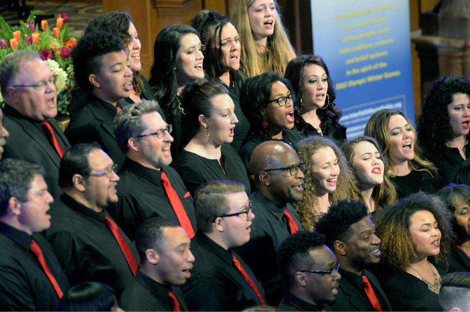 Al Hartmann  |  The Salt Lake Tribune
Members of the Debra Bonner Unity Gospel Choir sing at a Sacred Music Evening in the Tabernacle Sunday March 19.  It  included musical performances, dances, scripture readings, and prayers from many Utah faith traditions.
Its part of the annual Interfaith Month that's been going on every year since the 2002 Olympic Winter Games in Salt Lake City.