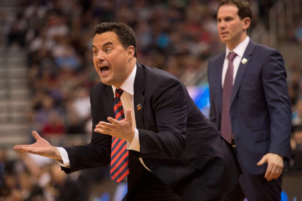 Chris Detrick  |  The Salt Lake Tribune

Arizona coach Sean Miller reacts to a call as his team faces St. Mary's in the NCAA tournament in Salt Lake City on Saturday, March 18, 2017.