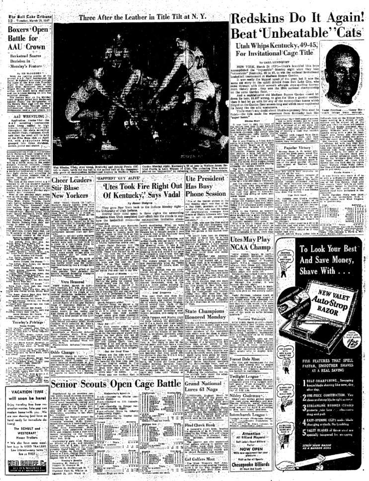 The sports section front of the March 25, 1947 issue of The Salt Lake Tribune goes into deeper coverage of Utah basketball's 49-45 win over Kentucky in the NIT Tournament. It was Utah's only NIT title, then seen as the equivalent of the NCAA tournament title.