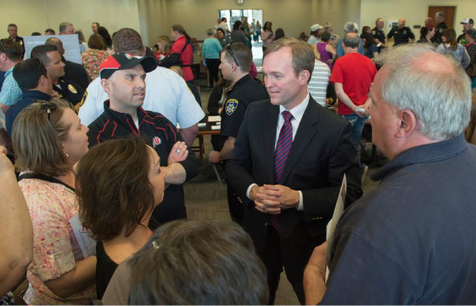 Leah Hogsten  |  The Salt Lake Tribune
Salt Lake County Mayor Ben McAdams listens to citizens of West Valley City and South Salt Lake City. Concerned citizens packed the state Capitol's Senate Building cafeteria Saturday, March 18, 2017 during the second of three scheduled opportunities for the public to give feedback on possible shelter sites to Salt Lake County Mayor Ben McAdams and county staff.