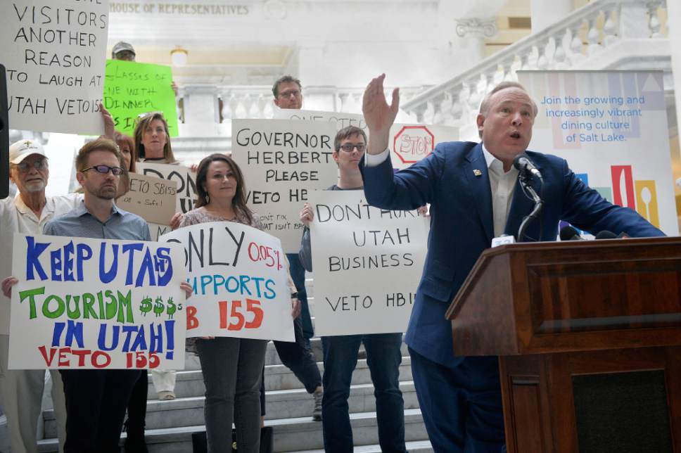 Al Hartmann  |  The Salt Lake Tribune
Sen. Jim Debakis, D-Salt Lake City speaks at a rally in the state capitol rotunda asking Gov. Herbert to veto a just-passed bill that would lower the blood-alcohol content for drunkenness from 0.08 to 0.05.  Most there thought lowering of the levels would be bad for the hospitality industry and tarnish the state's reputation as a welcoming place for tourism and attracting out of state businesses.