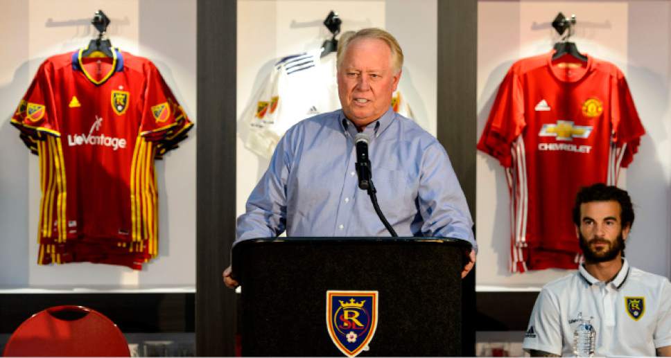 Steve Griffin  |  The Salt Lake Tribune


Real Salt Lake owner Dell Loy Hansen announces a home game against Manchester Untied July 17, 2017 during press conference at the RSL Team Store in Salt Lake City Tuesday March 21, 2017.